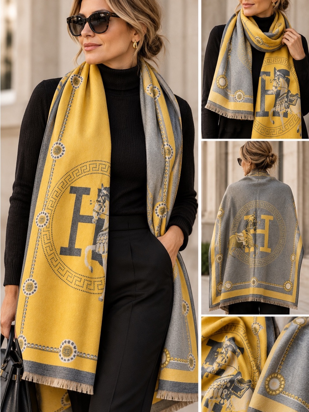 Luxury Reversible Equestrian Scarf Wrap Gray Gold Horse Print Warm 26x76 Fringe